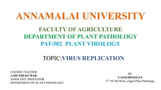 ANNAMALAI UNIVERSITY
FACULTY OF AGRICULTURE
DEPARTMENT OF PLANT PATHOLOGY
PAT-502 PLANT VIROLOGY
TOPIC:VIRUS REPLICATION
BY
V.AJAYDESOUZA
1ST YEAR M.Sc.,(Agri) Plant Pathology
COURSE TEACHER
A.MUTHUKUMAR
ASSOCIATE PROFESSOR
DEPARTMENT OF PLANT PATHOLOGY
 