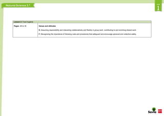 Lesson 2: Food hygiene
Pages: 26 to 35 Values and attitudes
D. Assuming responsibility and interacting collaboratively and flexibly in group work, contributing to and enriching shared work.
F. Recognizing the importance of following rules and procedures that safeguard and encourage personal and collective safety.
 