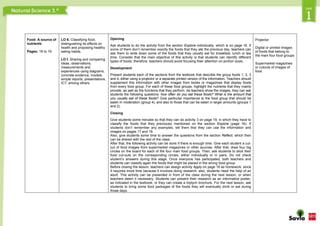 Food: A source of
nutrients
Pages: 16 to 19
LO 6. Classifying food,
distinguishing its effects on
health and proposing healthy
eating habits.
LO f. Sharing and comparing
ideas, observations,
measurements and
experiences using diagrams,
concrete evidence, models,
simple reports, presentations,
ICT, among others.
Opening
Ask students to do the activity from the section Explore individually, which is on page 16. If
some of them don’t remember exactly the foods that they ate the previous day, teachers can
ask them to write down some of the foods that they usually eat for breakfast, lunch or tea
time. Consider that the main objective of this activity is that students can identify different
types of foods; therefore, teachers should avoid focusing their attention on portion sizes.
Development
Present students each of the sections from the textbook that describe the group foods 1, 2, 3
and 4, either using a projector or a separate printed version of the information. Teachers should
supplement this information with other images from books or magazines that display foods
from every food group. For each of these food groups, highlight the nutrients that they mainly
provide, as well as the functions that they perform. As teachers show the images, they can ask
students the following questions: how often do you eat these foods? What is the amount that
you usually eat of these foods? Give particular importance to the food group that should be
eaten in moderation (group 4), and also to those that can be eaten in larger amounts (groups 1
and 2).
Closing
Give students some minutes so that they can do activity 3 on page 19, in which they have to
classify the foods that they previously mentioned on the section Explore (page 16). If
students don’t remember any examples, tell them that they can use the information and
images on pages 17 and 18.
Also, give students some time to answer the questions from the section Reflect, which then
can be shared with the rest of the class.
After that, the following activity can be done if there is enough time. Give each student a cut-
out of food images from supermarket magazines or other sources. After that, draw four big
circles on the board for each of the four main food groups. Then, ask students to stick their
food cut-outs on the corresponding circles, either individually or in pairs. Do not check
student’s answers during this stage. Once everyone has participated, both teachers and
students can classify again the foods that might be placed in the wrong food group.
Before closing the lesson, teachers can assign activity Apply on page 18 as homework, since
it requires more time because it involves doing research; also, students need the help of an
adult. This activity can be presented in front of the class during the next lesson, or when
teachers deem it necessary. Students can present their research as an informative poster,
as indicated in the textbook, or they can create a triptych brochure. For the next lesson, ask
students to bring some food packages of the foods they will eventually drink or eat during
those days.
Projector
Digital or printed images
of foods that belong to
the main four food groups
Supermarket magazines
or cutouts of images of
food
 