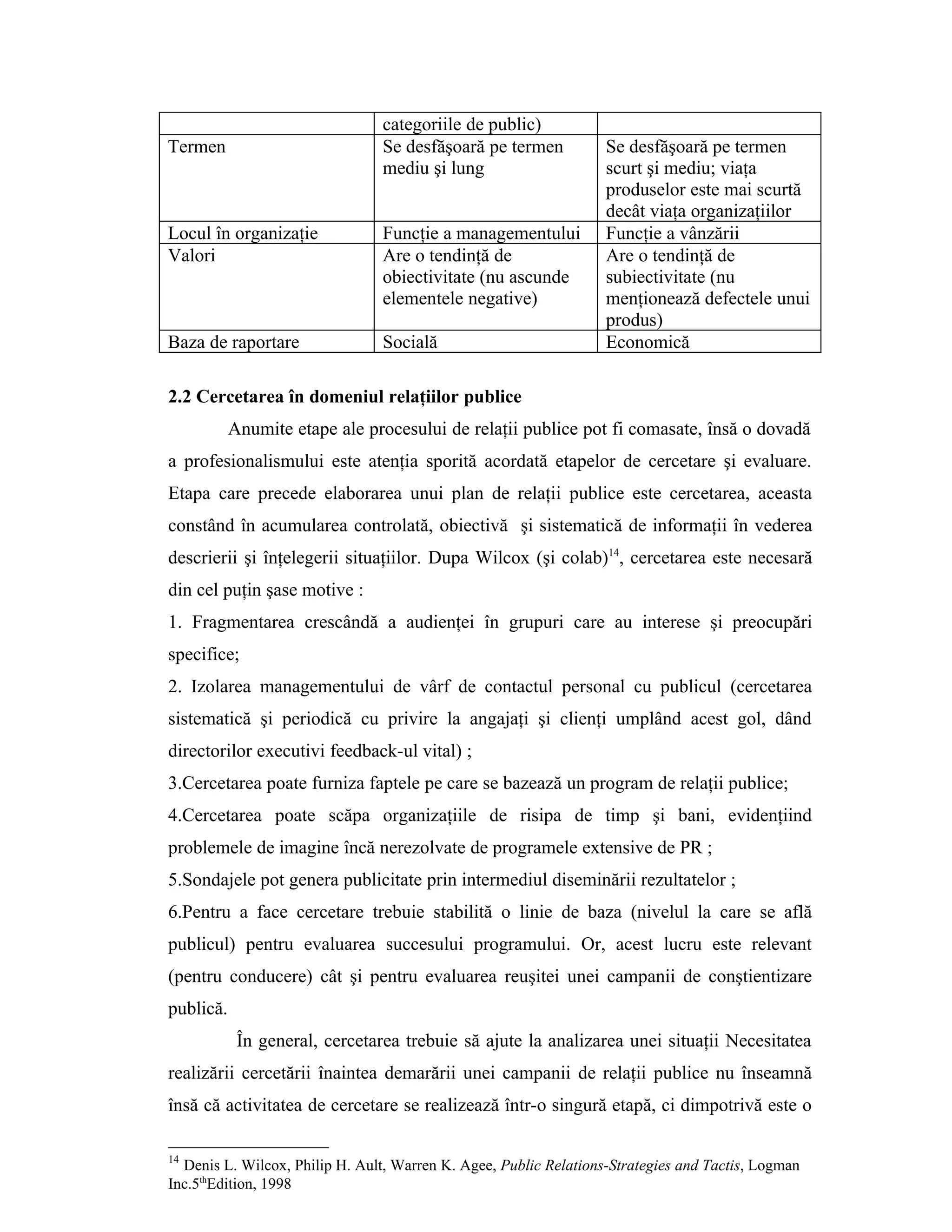 categoriile de public)
Termen Se desfăşoară pe termen
mediu şi lung
Se desfăşoară pe termen
scurt şi mediu; viaţa
produselor este mai scurtă
decât viaţa organizaţiilor
Locul în organizaţie Funcţie a managementului Funcţie a vânzării
Valori Are o tendinţă de
obiectivitate (nu ascunde
elementele negative)
Are o tendinţă de
subiectivitate (nu
menţionează defectele unui
produs)
Baza de raportare Socială Economică
2.2 Cercetarea în domeniul relaţiilor publice
Anumite etape ale procesului de relaţii publice pot fi comasate, însă o dovadă
a profesionalismului este atenţia sporită acordată etapelor de cercetare şi evaluare.
Etapa care precede elaborarea unui plan de relaţii publice este cercetarea, aceasta
constând în acumularea controlată, obiectivă şi sistematică de informaţii în vederea
descrierii şi înţelegerii situaţiilor. Dupa Wilcox (şi colab)14
, cercetarea este necesară
din cel puţin şase motive :
1. Fragmentarea crescândă a audienţei în grupuri care au interese şi preocupări
specifice;
2. Izolarea managementului de vârf de contactul personal cu publicul (cercetarea
sistematică şi periodică cu privire la angajaţi şi clienţi umplând acest gol, dând
directorilor executivi feedback-ul vital) ;
3.Cercetarea poate furniza faptele pe care se bazează un program de relaţii publice;
4.Cercetarea poate scăpa organizaţiile de risipa de timp şi bani, evidenţiind
problemele de imagine încă nerezolvate de programele extensive de PR ;
5.Sondajele pot genera publicitate prin intermediul diseminării rezultatelor ;
6.Pentru a face cercetare trebuie stabilită o linie de baza (nivelul la care se află
publicul) pentru evaluarea succesului programului. Or, acest lucru este relevant
(pentru conducere) cât şi pentru evaluarea reuşitei unei campanii de conştientizare
publică.
În general, cercetarea trebuie să ajute la analizarea unei situaţii Necesitatea
realizării cercetării înaintea demarării unei campanii de relaţii publice nu înseamnă
însă că activitatea de cercetare se realizează într-o singură etapă, ci dimpotrivă este o
14
Denis L. Wilcox, Philip H. Ault, Warren K. Agee, Public Relations-Strategies and Tactis, Logman
Inc.5th
Edition, 1998
 
