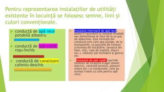 Pentru reprezentarea instalațiilor de utilități
existente în locuință se folosesc semne, linii și
culori convenționale.
 conductă de apă rece
potabilă albastru
 conductă de apă caldă
roșu-închis
 conductă de canalizare
cafeniu-deschis
 Instalația interioară de apă rece:
poate fi racordată la rețeaua stradală
sau alimentarea se face de la un puț
de adâncime. Este formată din
conducte prin care apa ajunge, de la
branșament, la punctele de consum
(chiuveta din bucătărie, lavoarul din
baie, căzi, vase de toaletă, dușuri
etc.), robineți (de închidere și golire)
etc
 – instalația de apă caldă cuprinde
sistemul de încălzire a apei (boiler
electric, centrală termică, panouri
solare etc.) și conductele, care au
același traseu cu cele pentru apă
rece;
 