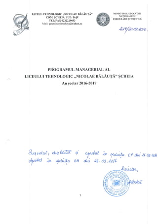 Planul managerial al Liceului Tehnologic Nicolae Bălăuță 2016-2017