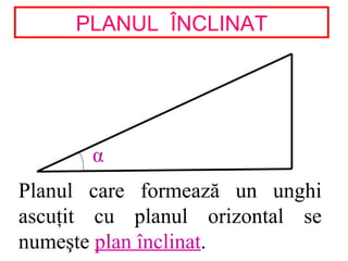PLANUL ÎNCLINAT




       α
Planul care formează un unghi
ascuţit cu planul orizontal se
numeşte plan înclinat.
 