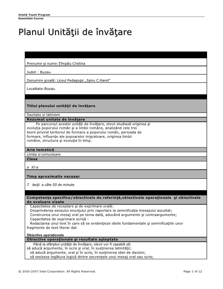 Planul Unitatii De Invatare