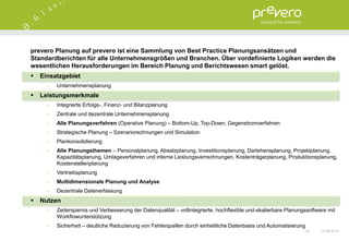prevero Planung auf prevero ist eine Sammlung von Best Practice Planungsansätzen und
Standardberichten für alle Unternehmensgrößen und Branchen. Über vordefinierte Logiken werden die
wesentlichen Herausforderungen im Bereich Planung und Berichtswesen smart gelöst.
   Einsatzgebiet
         Unternehmensplanung
   Leistungsmerkmale
         Integrierte Erfolgs-, Finanz- und Bilanzplanung
         Zentrale und dezentrale Unternehmensplanung
         Alle Planungsverfahren (Operative Planung) – Bottom-Up, Top-Down, Gegenstromverfahren
         Strategische Planung – Szenariorechnungen und Simulation
         Plankonsolidierung
         Alle Planungsthemen – Personalplanung, Absatzplanung, Investitionsplanung, Darlehensplanung, Projektplanung,
          Kapazitätsplanung, Umlageverfahren und interne Leistungsverrechnungen, Kostenträgerplanung, Produktionsplanung,
          Kostenstellenplanung
         Vertriebsplanung
         Multidimensionale Planung und Analyse
         Dezentrale Datenerfassung
   Nutzen
         Zeitersparnis und Verbesserung der Datenqualität – vollintegrierte, hochflexible und-skalierbare Planungssoftware mit
          Workflowunterstützung
         Sicherheit – deutliche Reduzierung von Fehlerquellen durch einheitliche Datenbasis und Automatisierung
                                                                                                                   25    15.06.2012
 