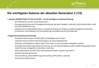 Die wichtigsten features der aktuellen Generation 3 (1/2)

• „Rundum Wohlfühl Paket“ für den Controller – von der Strategie zur operativen Planung
      •   alle Teilprozesse aus einer Anwendung steuern
      •   Planungsunterstützung durch Strategieunterstützung, top down Vorgaben, laufende Fortschrittskontrollen, email-
          Versand, Notifikationen usw.
      •   Integration der Projekte/Maßnahmen aus Projektcontrolling, der Risiken aus Risikomanagement, Stresstests,
          Simulationen, Personaldetails aus Personalplanung, Konsolidierung mit Konsolidierung

• Integriertes Berichtswesen & Planung
       • Komplettes Berichtswesen auf SAP CO/FI und beliebige weitere Daten
       • Zahlreiche Hichert konforme Berichtsvorlagen (z.B. Kostenstellenbericht)
       • Drill down auf Belegebene möglich (sofern diese Daten aus dem Vorsystem übergeben werden)
       • Komplette Systemunterstützung bei der Planung: von der Absatz/Erlösplanung über direkte Kostenstellen/Profit
            Center Planung, Umlage/ILV zu GuV, Bilanz, Cash Flow
       • AfA, Restbuchwerte aus SAP FI-AA, Neuinvestitionen direkt in prevero oder SAP PS
       • Darlehensverwaltung (auch IC)
       • Steuerermittlung, Gewinnabführung (cash pooling, profit pooling - optional)
       • Automatischer Bilanzschluss


                                                                                                          26    15.06.2012
 
