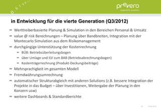 in Entwicklung für die vierte Generation (Q3/2012)
 Werttreiberbasierte Planung & Simulation in den Bereichen Personal & Umsatz
 value @ risk Berechnungen – Planung über Bandbreiten, Integration mit der
 Montecarlo Simulation aus dem Risikomanagement
 durchgängige Unterstützung der Kostenrechnung
     BÜB: Betriebsüberleitungsbogen
     über Umlage und ILV zum BAB (Betriebsabrechnungsbogen)
     Kostenträgerrechnung (Produkt-Deckungsbeiträge)
 Mehrsprachigkeit im gesamten Modell
 Fremdwährungsumrechnung
 automatischer Strukturabgleich mit anderen Solutions (z.B. bessere Integration der
 Projekte in das Budget – über Investitionen, Weitergabe der Planung in den
 Konzern usw)
 weitere Dashboards & Standardberichte

                                                                           28   15.06.2012
 