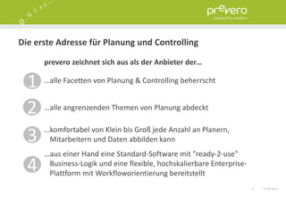 Die erste Adresse für Planung und Controlling

      prevero zeichnet sich aus als der Anbieter der…

  1   …alle Facetten von Planung & Controlling beherrscht


  2   …alle angrenzenden Themen von Planung abdeckt

      …komfortabel von Klein bis Groß jede Anzahl an Planern,
  3    Mitarbeitern und Daten abbilden kann
      …aus einer Hand eine Standard-Software mit "ready-2-use"
  4    Business-Logik und eine flexible, hochskalierbare Enterprise-
       Plattform mit Workfloworientierung bereitstellt
                                                                       4   15.06.2012
 