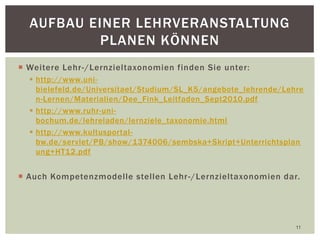  Weitere Lehr-/Lernzieltaxonomien finden Sie unter:
 http://www.uni-
bielefeld.de/Universitaet/Studium/SL_K5/angebote_lehrende/Lehre
n-Lernen/Materialien/Dee_Fink_Leitfaden_Sept2010.pdf
 http://www.ruhr-uni-
bochum.de/lehreladen/lernziele_taxonomie.html
 http://www.kultusportal-
bw.de/servlet/PB/show/1374006/sembska+Skript+Unterrichtsplan
ung+HT12.pdf
 Auch Kompetenzmodelle stellen Lehr-/Lernzieltaxonomien dar.
11
AUFBAU EINER LEHRVERANSTALTUNG
PLANEN KÖNNEN
 