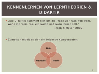  „Die Didaktik kümmert sich um die Frage wer, was, von wem,
wann mit wem, wo, wie womit und wozu lernen soll.“
(Jank & Meyer, 2002)
 Zumeist handelt es sich um folgende Komponenten:
5
KENNENLERNEN VON LERNTHEORIEN &
DIDAKTIK
Ziele
InhalteMethoden
 