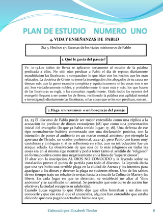 1. Qué le gusta del pasaje?
Vv. 10-15.Los judíos de Berea se aplicaron seriamente al estudio de la palabra
predicada a ellos. No sólo oían predicar a Pablo el día de reposo; diariamente
escudriñaban las Escrituras, y comparaban lo que leían con los hechos que les eran
relatados. La doctrina de Cristo no teme la investigación; los abogados de su causa no
desean más que la gente examine completa y equitativamente si las cosas son o no
así. Son verdaderamente nobles, y probablemente lo sean más y más, los que hacen
de las Escrituras su regla, y las consultan regularmente. Ojalá todos los oyentes del
evangelio lleguen a ser como los de Berea, recibiendo la palabra con agilidad mental
e investigando diariamente las Escrituras, si las cosas que se les son predican, son así.
8Elaborado por Elizabeth Tinoko
4. VIDA Y ENSEÑANZAS DE PABLO
22, 23 El discurso de Pablo puede ser mejor entendido como una réplica a la
acusación de predicar de dioses extranjeros (18) que como una presentación
inicial del evangelio (lo que ya había tenido lugar; 17, 18). Una defensa de ese
tipo normalmente hubiera comenzado con una declaración positiva, con la
intención de poner al auditorio en un marco mental amistoso por ejemplo la
apertura de Tértulo, un orador profesional, 24:2–4), pero Pablo usó frases muy
cautelosas y ambiguas y, si se reflexiona en ellas, aun su introducción fue un
ataque velado. La observación de que sois de lo más religiosos en todas las
cosas era en sí misma algo neutral y podía tener tanto el sentido de “religioso”
en forma positiva como más negativamente en la línea de “supersticiosos”.
El altar con la inscripción AL DIOS NO CONOCIDO y la leyenda sobre su
instalación provee el punto de partida para todo el discurso. La leyenda decía
que una vez hubo una terrible plaga en la ciudad de Atenas y los intentos para
apaciguar a los dioses y detener la plaga no tuvieron efecto. Uno de los sabios
de ese tiempo trajo un rebaño de ovejas hasta la cima de la Colina de Marte y las
liberó. En cada lugar en que se detenían, se estableció un altar al “dios
anónimo” y se sacrificaba un animal. Se pretendió que este curso de acción fue
efectivo y la ciudad recuperó su salubridad.
Cuando Lucas registra lo que Pablo dijo que ellos honraban a un dios sin
conocerle y que ése era el que él anunciaba, algunos han entendido que estaba
diciendo que esos paganos actuaban bien o sea que,
2.Haga un resumen o un bosquejo del pasaje
Día 3. Hechos 17: Escenas de los viajes misioneros de Pablo
 
