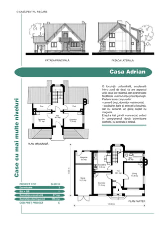 COD PRE} PROIECT C
Casecumaimulteniveluri
Casa Adrian
O CASÃ PENTRU FIECARE
Dormitoare 3
PROIECT COD D-302 G
Bi + GS 1
Suprafa]a construit 97 mp
Suprafa]a desf[urat 176 mp
PLAN MANSARD|
O locuin] unifamilial, amplasat
`ntr-o zon de deal, ce are aspectul
unei case de vacan], dar având toate
facilit]ile unei locuin]e preor[ene[ti.
Parterul este compus din:
- camer de zi, dormitor matrimonial;
- buctrie, baie [i anexat la locuin],
dar nu separat, un garaj cuplat cu
magazia.
Etajul a fost gândit mansardat, având
`n componen] dou dormitoare
cochete, cu acces la o teras.
FA}ADA PRINCIPALÅ FA}ADA LATERALÅ
9,00m
12,30 m
PLAN PARTER
Buctrie
9,6 mp
Hol
12,5 mp
Garaj
14,7 mp
Magazie
5,6 mp
Baie
4,8 mp
Dormitor
11,0 mp
Living
13,8 mp
Pod Pod
Hol
4,4 mp
Dormitor
7,7 mp
Dormitor
7,8 mp
COD PRE} PROIECT J
CasecumaimulteniveluriCasecumaimulteniveluri
Este conceput ca re[edin] reprezentativ, care
poate fi amplasat pe terenuri cu suprafe]e medii
sau mari, din zone reziden]iale suburbane sau din
localit]i de agrement, de preferin] pe marginea
unui lac sau pe litoralul mrii.
Volumul construit se dezvolt pe subsol (par]ial),
parter [i dou etaje (din care al doilea par]ial).
Se remarc rezolvarea living-ului ca un spa]iu
multifunc]ional, alveolat, dezvoltat par]ial pe dou
niveluri, deschis printr-o fereastr generoas
spre o teras par]ial acoperit.
Cele dou dormitoare de la etajul 2 (rezolvate `n
sistem garsonier), cu baie [i dressing propriu,
sunt dispuse pe dou laturi ale unei generoase
terase-solar, orientat spre un eventual punct de
perspectiv interesant.
Casa Beta - 3
Dormitoare 4
PROIECT COD A-215 P
Bi + GS 5
Suprafa]a construit 161 mp
Suprafa]a desf[urat 520 mp
O CASÃ PENTRU FIECARE
FA}ADA PRINCIPAL|FA}ADA LATERAL|
12,00 m16,70mPLAN SUBSOL
Garaj
25,3 mp
Box
5,2
mp
Hol
13,6
mp
Adpost
ALA
20,7 mp
C.T.
10,6 mp
PLAN ETAJ 2
Dormitor
16,9 mp
Dormitor
26,4 mp
Baie
6,2
mp
Dress.
3,4 mp
Dress.
3,4 mp
Baie
5,3 mp
Hol
22,8 mp
Dormitor
23,5 mp
Dormitor
19,3 mp
Gol peste
living
Baie
6,2
mp
Dress.
5,9 mp
Dress.
3,2 mp
Baie
8,9 mp
Supant
32,5 mp
PLAN ETAJ 1
PLAN PARTER
Sufragerie
22,5 mp
Cm.
3,0 mp
Baie
6,4 mp
Living
52,4 mp
Buctrie
23,5 mp
Hol
13,6
mp
 