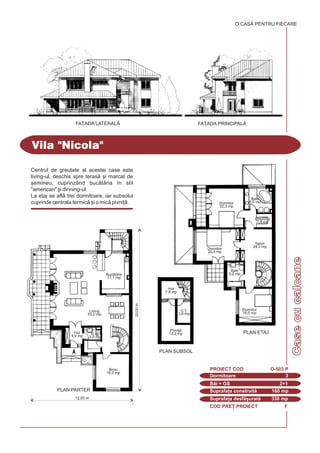 COD PRE} PROIECT F
Centrul de greutate al acestei case este
living-ul, deschis spre teras [i marcat de
[emineu, cuprinzând buctria `n stil
"american" [i dinning-ul.
La etaj se afl trei dormitoare, iar subsolul
cuprinde centrala termic [i o mic pivni].
Vila "Nicola"
O CASÃ PENTRU FIECARE
Dormitoare 3
PROIECT COD O-503 P
Bi + GS 2+1
Suprafa]a construit 160 mp
Suprafa]a desf[urat 330 mp
FA}ADA PRINCIPAL|FA}ADA LATERALÅ
20,00m
PLAN PARTER
PLAN SUBSOL
PLAN ETAJ
12,00 m
Living
53,2 mp
Buctrie
17,1 mp
Dormitor
20,5 mp
Dormitor
16,0 mp
Pivni]
12,2 mp
C.T.
3,8 mp
Hol
7,8 mp
Dormitor
22,3 mp
Salon
24,3 mp
Dressing
7,8 mp
Baie
8,8 mp
Baie
6,0 mp
Birou
16,0 mp
Hol
4,0 mp
G.S.
3,0 mp
Casecucalcane
 
