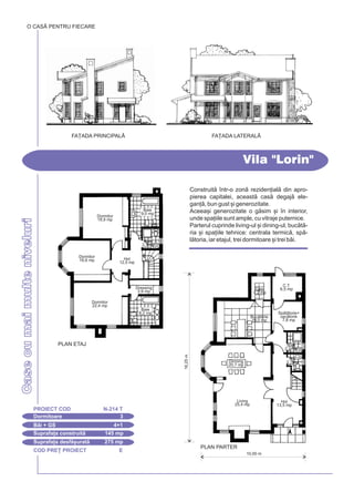 COD PRE} PROIECT E
Casecumaimulteniveluri
Vila "Lorin"
Dormitoare 3
PROIECT COD N-214 T
Bi + GS 4+1
Suprafa]a construit 145 mp
Suprafa]a desf[urat 275 mp
O CASÃ PENTRU FIECARE
PLAN ETAJ
PLAN PARTER
16,25m
Construit `ntr-o zon reziden]ial din apro-
pierea capitalei, aceast cas degaj ele-
gan], bun gust [i generozitate.
Aceea[i generozitate o gsim [i `n interior,
unde spa]iile sunt ample, cu vitraje puternice.
Parterul cuprinde living-ul [i dining-ul, buct-
ria [i spa]iile tehnice: centrala termic, sp-
ltoria, iar etajul, trei dormitoare [i trei bi.
FA}ADA LATERAL|FA}ADA PRINCIPALÅ
10,00 m
Living
25,4 mp
Cm.
4,2 mp
Spltorie+
usctorie
7,8 mp
Hol
13,5 mp
Baie
2,7 mp
GS
2,1mp
C.T.
6,5 mp
Dinning
20,7 mp
Buctrie
19,0 mp
Dormitor
18,9 mp
Dormitor
16,6 mp Hol
12,5 mp
Dormitor
22,4 mp
Dressing
3,9 mp
Baie
3,3 mp
Baie
9,0 mp
Baie
8,2 mp
 