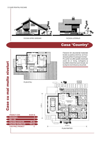 COD PRE} PROIECT C
Casa "Country"
O CASÃ PENTRU FIECARE
Dormitoare 3
PROIECT COD M-301 B
Bi + GS 3
Suprafa]a construit 80 mp
Suprafa]a desf[urat 153 mp
Folosind din abunden] materiale
locale ca piatra [i lemnul, se `nca-
dreaz perfect `n peisajul montan.
Pe parter se afl spa]iile destinate
zonei de zi: living, sufragerie [i
buctrie deschise spre teras, iar
la etaj trei dormitoare [i dou bi.
FA}ADA SPRE GR|DIN| FA}ADA LATERAL|
Casecumaimulteniveluri
PLAN ETAJ
Dormitor
17,7 mp
Dormitor
15,3 mp
Dormitor
11,5 mp
Hol
3,5
mp
Baie
5,3 mpBaie
3,3 mp
PLAN PARTER
9,20m
Camer de zi
24,9 mp
Garaj
21,2 mp
Sufragerie
16,3 mp
Hol
9,7 mp
Buctrie
6,4 mp
C.T.
5,4 mp
Baie
3,5 mp
14,20 m
 