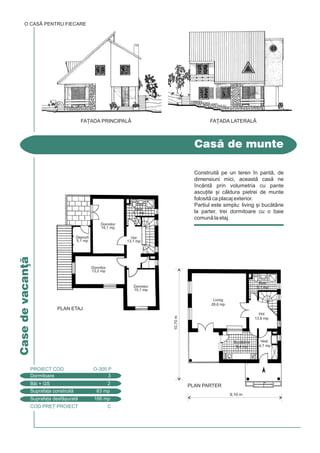 COD PRE} PROIECT C
Casedevacan]
Cas de munte
O CASÃ PENTRU FIECARE
FA}ADA LATERALÅFA}ADA PRINCIPALÅ
Dormitoare 3
PROIECT COD O-305 P
Bi + GS 2
Suprafa]a construit 83 mp
Suprafa]a desf[urat 166 mp
10,70m
Buctrie
9,4 mp
Living
28,6 mp
Hol
13,6 mp
Vest.
4,7 mp
Baie
5,1 mp
9,10 m
PLAN PARTER
PLAN ETAJ
Dormitor
16,1 mp
Baie
5,1 mp
Hol
13,1 mp
Dormitor
13,2 mp
Dormitor
10,1 mp
Depozit
5,1 mp
Construit pe un teren `n pant, de
dimensiuni mici, aceast cas ne
`ncânt prin volumetria cu pante
ascu]ite [i cldura pietrei de munte
folosit ca placaj exterior.
Partiul este simplu: living [i buctrie
la parter, trei dormitoare cu o baie
comun la etaj.
 