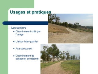Usages et pratiques


–   Les sentiers
        Cheminement créé par
         l’usage

        Liaison inter quartier

        Axe structurant

        Cheminement de
         ballade et de détente
 