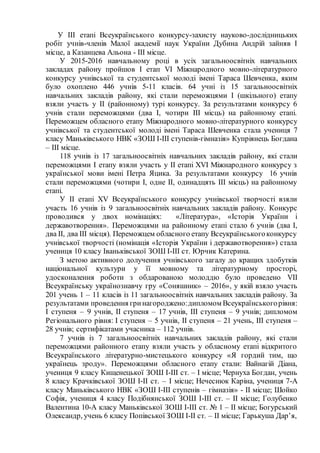У ІІІ етапі Всеукраїнського конкурсу-захисту науково-дослідницьких
робіт учнів-членів Малої академії наук України Дубина Андрій зайняв І
місце, а Казанцева Альона - ІІІ місце.
У 2015-2016 навчальному році в усіх загальноосвітніх навчальних
закладах району пройшов І етап VІ Міжнародного мовно-літературного
конкурсу учнівської та студентської молоді імені Тараса Шевченка, яким
було охоплено 446 учнів 5-11 класів. 64 учні із 15 загальноосвітніх
навчальних закладів району, які стали переможцями І (шкільного) етапу
взяли участь у ІІ (районному) турі конкурсу. За результатами конкурсу 6
учнів стали переможцями (два І, чотири ІІІ місць) на районному етапі.
Переможцем обласного етапу Міжнародного мовно-літературного конкурсу
учнівської та студентської молоді імені Тараса Шевченка стала учениця 7
класу Маньківського НВК «ЗОШ І-ІІІ ступенів-гімназія» Купріянець Богдана
– ІІІ місце.
118 учнів із 17 загальноосвітніх навчальних закладів району, які стали
переможцями І етапу взяли участь у ІІ етапі ХVІ Міжнародного конкурсу з
української мови імені Петра Яцика. За результатами конкурсу 16 учнів
стали переможцями (чотири І, одне ІІ, одинадцять ІІІ місць) на районному
етапі.
У ІІ етапі XV Всеукраїнського конкурсу учнівської творчості взяли
участь 16 учнів із 9 загальноосвітніх навчальних закладів району. Конкурс
проводився у двох номінаціях: «Література», «Історія України і
державотворення». Переможцями на районному етапі стало 6 учнів (два І,
два ІІ, два ІІІ місця). Переможцем обласного етапу Всеукраїнськогоконкурсу
учнівської творчості (номінація «Історія України і державотворення») стала
учениця 10 класу Іваньківської ЗОШ І-ІІІ ст. Юрчик Катерина.
З метою активного долучення учнівського загалу до кращих здобутків
національної культури у її мовному та літературному просторі,
удосконалення роботи з обдарованою молоддю було проведено VІІ
Всеукраїнську українознавчу гру «Соняшник» – 2016», у якій взяло участь
201 учень 1 – 11 класів із 11 загальноосвітніх навчальних закладів району. За
результатами проведення гринагороджено:дипломом Всеукраїнськогорівня:
І ступеня – 9 учнів, ІІ ступеня – 17 учнів, ІІІ ступеня – 9 учнів; дипломом
Регіонального рівня: І ступеня – 5 учнів, ІІ ступеня – 21 учень, ІІІ ступеня –
28 учнів; сертифікатами учасника – 112 учнів.
7 учнів із 7 загальноосвітніх навчальних закладів району, які стали
переможцями районного етапу взяли участь у обласному етапі відкритого
Всеукраїнського літературно-мистецького конкурсу «Я гордий тим, що
українець зроду». Переможцями обласного етапу стали: Вайнагій Діана,
учениця 9 класу Кищенецької ЗОШ І-ІІІ ст. – І місце; Чернуха Богдан, учень
8 класу Крачківської ЗОШ І-ІІ ст. – І місце; Нечеснюк Каріна, учениця 7-А
класу Маньківського НВК «ЗОШ І-ІІІ ступенів – гімназія» - ІІ місце; Шойко
Софія, учениця 4 класу Подібнянської ЗОШ І-ІІІ ст. – ІІ місце; Голубенко
Валентина 10-А класу Маньківської ЗОШ І-ІІІ ст. № 1 – ІІ місце; Богурський
Олександр, учень 6 класу Попівської ЗОШ І-ІІ ст. – ІІ місце; Гарькуша Дар’я,
 