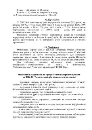 І зміна – з 22 червня по 12 липня;
ІІ зміна – з 16 липня по 5 серпня 2016 року.
За 2 зміни охоплено оздоровленням 120 дітей.
14.Харчування
У 2015/2016 навчальному році харчуванням охоплено 2603 учнів, що
складає 100 %, у тому числі 1071 учень 1-4 класів, що складає 100%, 1098
учнів 5-9 класів, - 91,6%, 238 учні 10-11 класів – 71,2%. Безкоштовним
харчуванням забезпечено 34 (100%) дітей – сиріт, 163 дітей із
малозабезпечених сімей.
Важливою складовою системи забезпечення якості та безпечності
харчування учнів є стан їдалень і харчоблоків. В загальноосвітніх школах
району приготування іжі та харчування учнів здійснюється в типових
приміщеннях.
15. Підвіз учнів
Оптимізація мережі шкіл у сільській місцевості вимагає організації
підвезення учнів до місць навчання і додому, оскільки понад 13 відсотків
учнів проживають за межею пішохідної доступності. Для здійснення
перевезень організовано 10 маршрутів із 16 населених пунктів. Протягом
року підвозилось 317 учнів, що складає 93,2 % від загальної кількості учнів.
Для здійснення навчання забезпечено підвіз шкільними
автобусами 58 старшокласників до МНВК з Іваньківської,
Чорнокам’янської, Рогівської, Молодецької ЗОШ І-ІІІ ст..
Основними завданнями та пріоритетними напрямами роботи
на 2016-2017 навчальний рік відділ освіти визначає:
- реалізацію завдань, визначених Національною стратегією розвитку
освіти в Україні на період 2011 – 2021 років;
- виховання і розвиток дітей дошкільного віку відповідно до вимог
Базового компонента дошкільної освіти;
- розширення мережі груп та закладів дошкільної освіти;
- забезпечення функціонування оптимальної мережі загальноосвітніх
навчальних закладів;
- реалізацію нових державних стандартів та навчальних програм
загальної середньої освіти;
- створення умов для якісного доступу до використання інформаційно-
комунікаційних технологій;
- оновлення змісту освіти на основі національних традицій, світового
досвіду та принципів сталого розвитку;
-створення ефективної системинаціонального виховання, забезпечення
фізичного, морального, культурного і духовного розвитку дитини;
 