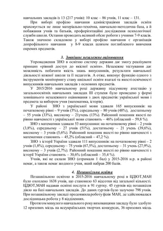 навчальних закладів із 13 (217 учнів): 10 клас – 86 учнів, 11 клас – 131.
При виборі профілю навчання адміністраціями закладів освіти
враховується не лише матеріально-технічна, навчально-методична база, а й
побажання учнів та батьків, профорієнтаційні дослідження психологічної
служби школи. Остання проводить великий обсяг роботиз учнями 7-9 класів.
Також значною складовою у виборі профілю навчання є організація
допрофільного навчання у 8-9 класах шляхом поглибленого вивчення
окремих предметів.
3. Зовнішнє незалежне оцінювання
Упровадження ЗНО в освітню систему держави дає змогу реалізувати
принцип «рівний доступ до якісної освіти». Незалежне тестування дає
можливість побачити якість знань випускників, результати навчальної
діяльності кожної школи та її педагогів. А отже, виконує функцію одного з
інструментів моніторингу стану шкільної освіти взагалі та якості освіченості
випускників навчальних закладів з основних предметів.
У 2015/2016 навчальному році державну підсумкову атестацію у
загальноосвітніх навчальних закладах ІІІ ступеня було проведено у формі
зовнішнього незалежного оцінювання з двох предметів: української мови і
предмета за вибором учня (математика, історія).
У районі ЗНО з української мови здавали 165 випускників: на
початковому рівні – 9 учнів (5%), середньому – 80 учнів (48%), достатньому
– 55 учнів (33%), високому – 21учень (13%). Районний показник якості по
рівню навченості з української мови становить – 46% (обласний – 59,8 %).
ЗНО з математики здавали 53 випускники: на початковому рівні – 2 учнів
(3,8%), середньому – 27 учнів (51%), достатньому – 21 учень (39,6%),
високому – 3 учнів (5,6%). Районний показник якості по рівню навченості з
математики становить – 45,2% (обласний – 47,2 %).
ЗНО з історії України здавали 111 випускників: на початковому рівні – 2
учнів (1,8%), середньому– 75 учнів (67,5%), достатньому – 31 учень (27,9%),
високому – 3 учнів (2,7%). Районний показник якості по рівню навченості з
історії України становить – 30,6% (обласний – 35,4 %).
Учнів, які не склали ЗНО (отримали 1 бал) у 2015-2016 н.р. в районі
немає, а також немає жодного учня, який набрав 200 балів.
4. Позашкільна освіта
Позашкільною освітою в 2015-2016 навчальному році в ЦДЮТ,МАН
було охоплено 1638 учнів, що становило 63 відсотки від загальної кількості.
ЦДЮТ,МАН надавав освітні послуги в 91 гуртку. 45 гуртків від позашкілля
діяло на базі навчальних закладів. До даних гуртків було залучено 798 учнів.
При позашкільному закладі продовжилароботуфілія МАН, де здійснювалася
дослідницька робота у 8 відділеннях.
Протягом минулого навчального рокувихованцями закладу було здобуто
12 призових місць на всеукраїнських творчих конкурсах, 36 призових місць
 