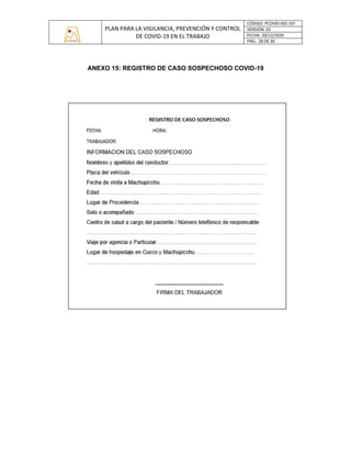 PLAN PARA LA VIGILANCIA, PREVENCIÓN Y CONTROL
DE COVID-19 EN EL TRABAJO
CÓDIGO: PCOVID-001-SST
VERSIÓN: 03
FECHA: 20/12/2020
PÁG: 28 DE 30
ANEXO 15: REGISTRO DE CASO SOSPECHOSO COVID-19
 