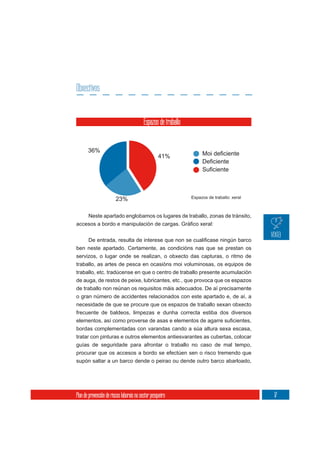 Obxectivos




       Neste apartado englobamos os lugares de traballo, zonas de tránsito,




ben neste apartado. Certamente, as condicións nas que se prestan os
servizos, o lugar onde se realizan, o obxecto das capturas, o ritmo de
traballo, as artes de pesca en ocasións moi voluminosas, os equipos de
traballo, etc. tradúcense en que o centro de traballo presente acumulación
de auga, de restos de peixe, lubricantes, etc., que provoca que os espazos
de traballo non reúnan os requisitos máis adecuados. De aí precisamente
o gran número de accidentes relacionados con este apartado e, de aí, a
necesidade de que se procure que os espazos de traballo sexan obxecto
frecuente de baldeos, limpezas e dunha correcta estiba dos diversos

bordas complementadas con varandas cando a súa altura sexa escasa,
tratar con pinturas e outros elementos antiesvarantes as cubertas, colocar
guías de seguridade para afrontar o traballo no caso de mal tempo,
procurar que os accesos a bordo se efectúen sen o risco tremendo que
supón saltar a un barco dende o peirao ou dende outro barco abarloado,




Plan de prevención de riscos laborais no sector pesqueiro                     17
 