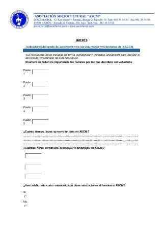 ANEXOS
Indicadores del grado de satisfacción de los voluntarios y voluntarias de la ASCM
Tus respuestas serán tratadas de forma confidencial y utilizadas únicamente para mejorar el
servicio de voluntariado de esta Asociación.
Enumera en orden de importancia las razones por las que decidiste ser voluntario
Razón
1
Razón
2
Razón
3
Razón
4
Razón
5
¿Cuánto tiempo llevas como voluntario en ASCM?
………………………………………………………………………………………………………………
………………………………………………………………………………………………………………
………………………………………………………………………………………………………………
¿Cúantas horas semanales dedicas al voluntariado en ASCM?
¿Has colaborado como voluntario con otras asociaciones diferentes a ASCM?
Sí
No
 