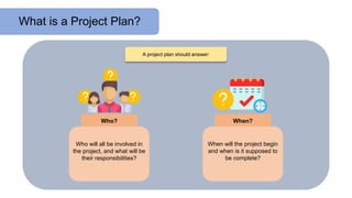 What is a Project Plan?
A project plan should answer:
Who will all be involved in
the project, and what will be
their responsibilities?
Who?
When will the project begin
and when is it supposed to
be complete?
When?
 