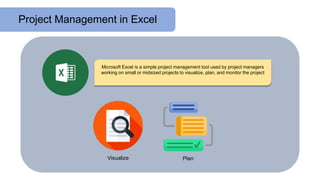 Project Management in Excel
Microsoft Excel is a simple project management tool used by project managers
working on small or midsized projects to visualize, plan, and monitor the project
Visualize Plan
 