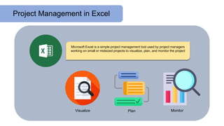 Project Management in Excel
Microsoft Excel is a simple project management tool used by project managers
working on small or midsized projects to visualize, plan, and monitor the project
Visualize Plan Monitor
 