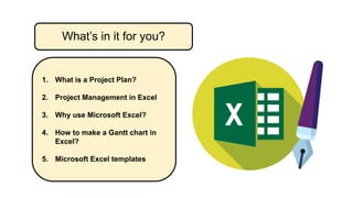 What’s in it for you?
1. What is a Project Plan?
2. Project Management in Excel
3. Why use Microsoft Excel?
4. How to make a Gantt chart in
Excel?
5. Microsoft Excel templates
 