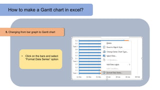 How to make a Gantt chart in excel?
5. Changing from bar graph to Gantt chart
• Click on the bars and select
“Format Data Series” option
 