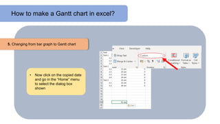 How to make a Gantt chart in excel?
5. Changing from bar graph to Gantt chart
• Now click on the copied date
and go in the “Home” menu
to select the dialog box
shown
 