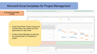 Microsoft Excel templates for Project Management
5. Excel Critical Path
Tracker
• Excel Critical Path Tracker involves list
of all the tasks, their period and their
dependency on each other
• It helps Project Managers in planning
the quickest path for completing a
project
 