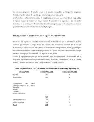 los anteriores programas de estudio y que en la práctica no ayudaba a distinguir los propósitos
formativos fundamentales de aquellos que tienen una jerarquía secundaria.
Una formulación suficientemente precisa de propósitos y contenidos, que evite el detalle exagerado y
la rigidez, otorgará al maestro un mayor margen de decisión en la organización de actividades
didácticas, en la combinación de contenidos de distintas asignaturas y en la utilización de recursos
para la enseñanza que le brindan la comunidad y la región.




En la organización de los contenidos se han seguido dos procedimientos:


En el caso de asignaturas centradas en el desarrollo de habilidades que se ejercitan de manera
continua (por ejemplo, la lengua escrita en Español o las operaciones numéricas en el caso de
Matemáticas) o bien cuando un tema general se desenvuelve a lo largo de todo el ciclo (por ejemplo,
los contenidos relativos al cuerpo humano y la salud, en Ciencias Naturales), se han establecido ejes
temáticos para agrupar los contenidos a lo largo de los seis grados.
Cuando el agrupamiento por ejes resulta forzado, pues no corresponde a la naturaleza de la
asignatura, los contenidos se organizan temáticamente de manera convencional. Éste es el caso de
Historia, Geografía, Edu-cación Cívica, Educación Artística y Educación Física.


  Educación primaria/Plan 1993 Distribución del tiempo de trabajo/Primer y segundo grado

          ASIGNATURA                      HORAS ANUALES                     HORAS SEMANALES
Español                                          360                               9
Matemáticas                                      240                               6



Conocimiento      del   Medio
(Trabajo integrado de: Ciencias
Naturales
Historia
Geografía
Educación Cívica)

                                                 120                               3
Educación Artística                               40                               1
Educación Física                                  40                               1
Total                                            800                              20
 