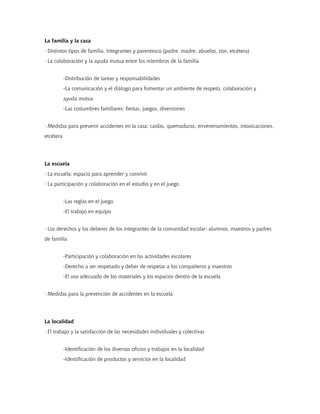 La familia y la casa
· Distintos tipos de familia. Integrantes y parentesco (padre, madre, abuelos, tíos, etcétera)
· La colaboración y la ayuda mutua entre los miembros de la familia


           -Distribución de tareas y responsabilidades
           -La comunicación y el diálogo para fomentar un ambiente de respeto, colaboración y
           ayuda mutua
           -Las costumbres familiares: fiestas, juegos, diversiones


· Medidas para prevenir accidentes en la casa: caídas, quemaduras, envenenamientos, intoxicaciones,
etcétera




La escuela
· La escuela: espacio para aprender y convivir
· La participación y colaboración en el estudio y en el juego


           -Las reglas en el juego
           -El trabajo en equipo


· Los derechos y los deberes de los integrantes de la comunidad escolar: alumnos, maestros y padres
de familia


           -Participación y colaboración en las actividades escolares
           -Derecho a ser respetado y deber de respetar a los compañeros y maestros
           -El uso adecuado de los materiales y los espacios dentro de la escuela


· Medidas para la prevención de accidentes en la escuela




La localidad
· El trabajo y la satisfacción de las necesidades individuales y colectivas


           -Identificación de los diversos oficios y trabajos en la localidad
           -Identificación de productos y servicios en la localidad
 