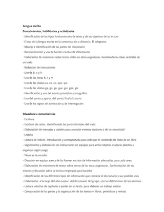 Lengua escrita
Conocimientos, habilidades y actividades
· Identificación de los tipos fundamentales de texto y de los objetivos de su lectura
· El uso de la lengua escrita en la comunicación a distancia. El telegrama
· Manejo e identificación de las partes del diccionario
· Reconocimiento y uso de fuentes escritas de información
· Elaboración de resúmenes sobre temas vistos en otras asignaturas, localizando las ideas centrales de
un texto
· Redacción de instrucciones
· Uso de b, v y h
· Uso de las letras R, r y rr
· Uso de las sílabas ca, co, cu, que, qui
· Uso de las sílabas ga, go, gu, gue, gui, güe, güi
· Identificación y uso del acento prosódico y ortográfico
· Uso del punto y aparte, del punto final y la coma
· Uso de los signos de admiración y de interrogación


Situaciones comunicativas
· Escritura
- Escritura de cartas, identificando las partes formales del texto
- Elaboración de mensajes y carteles para anunciar eventos escolares o de la comunidad
· Lectura
- Lectura de índices, introducción y contraportada para anticipar el contenido de texto de un libro
- Seguimiento y elaboración de instrucciones en equipos para armar objetos, elaborar platillos u
organizar algún juego
· Técnicas de estudio
- Discusión en equipo acerca de las fuentes escritas de información adecuadas para cada tarea
- Elaboración de resúmenes de textos sobre temas de las otras asignaturas. Confrontación de los
mismos y discusión sobre la técnica empleada para hacerlos
- Identificación de los diferentes tipos de información que contiene el diccionario y sus posibles usos
- Elaboración, a lo largo del año escolar, del diccionario del grupo, con las definiciones de los alumnos
- Lectura selectiva de capítulos o partes de un texto, para elaborar un trabajo escolar
- Comparación de las partes y la organización de los textos en libros, periódicos y revistas
 