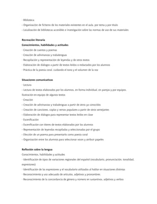 · Biblioteca
- Organización de ficheros de los materiales existentes en el aula, por tema y por título
- Localización de bibliotecas accesibles e investigación sobre las normas de uso de sus materiales


Recreación literaria
Conocimientos, habilidades y actitudes
· Creación de cuentos y poemas
· Creación de adivinanzas y trabalenguas
· Recopilación y representación de leyendas y de otros textos
· Elaboración de diálogos a partir de textos leídos o redactados por los alumnos
· Práctica de la poesía coral, cuidando el tono y el volumen de la voz


Situaciones comunicativas
· Lectura
- Lectura de textos elaborados por los alumnos, en forma individual, en parejas y por equipos.
Ilustración en equipo de algunos textos
· Creación
- Creación de adivinanzas y trabalenguas a partir de otros ya conocidos
- Creación de canciones, coplas y versos populares a partir de otros semejantes
- Elaboración de diálogos para representar textos leídos en clase
· Escenificación
- Escenificación con títeres de textos elaborados por los alumnos
- Representación de leyendas recopiladas y seleccionadas por el grupo
- Elección de un poema para presentarlo como poesía coral
- Organización entre los alumnos para seleccionar voces y atribuir papeles


Reflexión sobre la lengua
Conocimientos, habilidades y actitudes
· Identificación de tipos de variaciones regionales del español (vocabulario, pronunciación, tonalidad,
expresiones)
· Identificación de las expresiones y el vocabulario utilizados al hablar en situaciones distintas
· Reconocimiento y uso adecuado de artículos, adjetivos y pronombres
· Reconocimiento de la concordancia de género y número en sustantivos, adjetivos y verbos
 