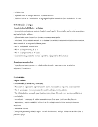 · Escenificación
- Representación de diálogos extraídos de textos literarios
- Identificación de las características de algún personaje de la literatura para interpretarlo en clase


Reflexión sobre la lengua
Conocimientos, habilidades y actitudes
· Reconocimiento de algunas variantes lingüísticas del español determinadas por la región geográfica o
por la edad de los hablantes
· Diferenciación y uso de palabras simples, compuestas y derivadas
· Ampliación del vocabulario a través de la elaboración de campos semánticos relacionados con temas
seleccionados de las asignaturas de este grado
· Uso de pronombres demostrativos
· Uso de las conjunciones y, e, o, u
· Uso de las preposiciones a, de y con
· Reconocimiento y uso de los tiempos copretérito y pospretérito de indicativo


Situaciones comunicativas
· Todas las que se generen para el trabajo en los otros ejes, particularmente, la revisión y
autocorrección de textos




Sexto grado
Lengua hablada
Conocimientos, habilidades y actitudes
· Planeación de exposiciones o presentaciones orales; elaboración de esquemas para exposición
· Uso de apoyos para intervenciones orales: carteles, dibujos, mímica, objetos
· Uso del vocabulario adecuado para situaciones específicas: diferencia entre términos cotidianos y
especializados
· Formulación y exposición de juicios personales sobre algún tema elegido por los alumnos
· Seguimiento y registro cronológico de noticias de radio y televisión sobre temas previamente
acordados
· Práctica del debate
· Manejo de gestiones y entrevistas para solicitar in-formación-, trabajo, para hacer reclamaciones o
presentar quejas
 