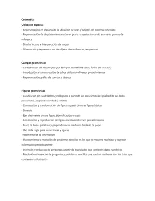Geometría
Ubicación espacial
· Representación en el plano de la ubicación de seres y objetos del entorno inmediato
· Representación de desplazamientos sobre el plano: trayectos tomando en cuenta puntos de
referencia
· Diseño, lectura e interpretación de croquis
· Observación y representación de objetos desde diversas perspectivas




Cuerpos geométricos
· Características de los cuerpos (por ejemplo, número de caras, forma de las caras)
· Introducción a la construcción de cubos utilizando diversos procedimientos
· Representación gráfica de cuerpos y objetos




Figuras geométricas
· Clasificación de cuadriláteros y triángulos a partir de sus características: igualdad de sus lados,
paralelismo, perpendicularidad y simetría
· Construcción y transformación de figuras a partir de otras figuras básicas
· Simetría
· Ejes de simetría de una figura (identificación y trazo)
· Construcción y reproducción de figuras mediante diversos procedimientos
· Trazo de líneas paralelas y perpendiculares mediante doblado de papel
· Uso de la regla para trazar líneas y figuras
Tratamiento de la información
· Planteamiento y resolución de problemas sencillos en los que se requiera recolectar y registrar
información periódicamente
· Invención y redacción de preguntas a partir de enunciados que contienen datos numéricos
· Resolución e invención de preguntas y problemas sencillos que puedan resolverse con los datos que
contiene una ilustración
 