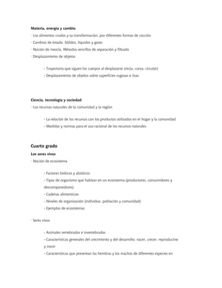 Materia, energía y cambio
· Los alimentos crudos y su transformación, por diferentes formas de cocción
· Cambios de estado. Sólidos, líquidos y gases
· Noción de mezcla. Métodos sencillos de separación y filtrado
· Desplazamiento de objetos


        - Trayectoria que siguen los cuerpos al desplazarse (recta, curva, circular)
        - Desplazamiento de objetos sobre superficies rugosas o lisas




Ciencia, tecnología y sociedad
· Los recursos naturales de la comunidad y la región


        - La relación de los recursos con los productos utilizados en el hogar y la comunidad
        - Medidas y normas para el uso racional de los recursos naturales




Cuarto grado
Los seres vivos
· Noción de ecosistema


        - Factores bióticos y abióticos
        - Tipos de organismo que habitan en un ecosistema (productores, consumidores y
        descomponedores)
        - Cadenas alimenticias
        - Niveles de organización (individuo, población y comunidad)
        - Ejemplos de ecosistemas


· Seres vivos


        - Animales vertebrados e invertebrados
        - Características generales del crecimiento y del desarrollo: nacer, crecer, reproducirse
        y morir
        - Características que presentan las hembras y los machos de diferentes especies en
 