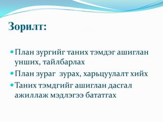 Зорилт:

 План зургийг таних тэмдэг ашиглан
  унших, тайлбарлах
 План зураг зурах, харьцуулалт хийх
 Таних тэмдгийг ашиглан дасгал
  ажиллаж мэдлэгээ бататгах
 