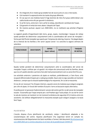 PLA D’ORGANITZACIÓ DE CENTRE PER AL CURS 2020-2021
ESCOLA SANTA EULÀLIA
● Els integrants d’un mateix grup estable han de seure junts en una o més taules.
● Cal mantenir la separació entre les taules de grups diferents.
● En cas que en una mateixa taula hi hagi alumnes de més d’un grup caldrà deixar una
cadira buida entre ells per garantir la distància.
● Si cal fer torns, entre torn i torn cal fer la neteja, desinfecció i ventilació de l’espai.
● Cal garantir el rentat de mans abans i després de l’àpat.
● De manera puntual, aquest curs 2020-2021, no es realitzarà cap activitat d’higiene
bucal.
La següent graella d’organització dels torns, grups, espais, monitoratge i tasques de neteja
queda pendent de determinar conjuntament amb la coordinadora del servei de menjador i
forma part del Pla de menjador que aporta per l’empresa de càtering, Caserco. Tot plegat depèn
de la intenció de les famílies a fer servir aquest servei i es concreta la segona setmana de
setembre.
TORN/HORARI GRUP/GRUPS
ESPAIS
(àpat i altres)
MONITORATGE
TASQUES
DE NETEJA
Queda també pendent de determinar conjuntament amb la coordinadora del servei de
menjador l’espai a utilitzar per a la gestió i els mitjans de comunicació amb les famílies, donat
que no se’ls podrà atendre a primera hora del matí presencialment com es venia fent fins ara.
Les activitats anteriors i posteriors als àpats es realitzen, preferiblement, a l’aire lliure, amb
ocupació diferenciada d’espais per a cada grup estable. Quan això no sigui possible cal mantenir
distància i, sempre que la situació epidemiològica ho requereixi, fer ús de la mascareta.
En cas de ser necessari l’ús d’espais interiors, aquests seran els mateixos que estiguin assignats
per a fer els àpats. En funció del nombre d’usuaris i torns es buscaran espais alternatius.
El professorat i el personal d’administració i serveis del centre pot fer ús del servei de menjador
escolar. S’aconsella que l’espai emprat per a tal finalitat sigui l’aula pròpia. En cas de fer servir
la sala de mestres cal mantenir en tot moment la distància de seguretat d’1,5 metres entre els
assistents. Cal utilitzar obligatòriament la mascareta excepte quan estiguin asseguts a la taula
fent l’àpat.
PLA DE NETEJA
L’escola disposa d’una planificació de ventilació, neteja i desinfecció adaptada a les
característiques del centre. Aquesta planificació s’ha organitzat tenint en compte les
recomanacions del Departament de Salut recollides a l’annex 2 del document Pla d’actuació pel
curs 2020-2021 per a centres educatius en el marc de la pandèmia per COVID-19.
 