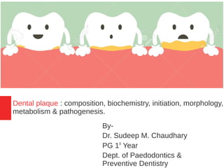 Dental plaque : composition, biochemistry, initiation, morphology,
metabolism & pathogenesis.
By-
Dr. Sudeep M. Chaudhary
PG 1st
Year
Dept. of Paedodontics &
Preventive Dentistry
 