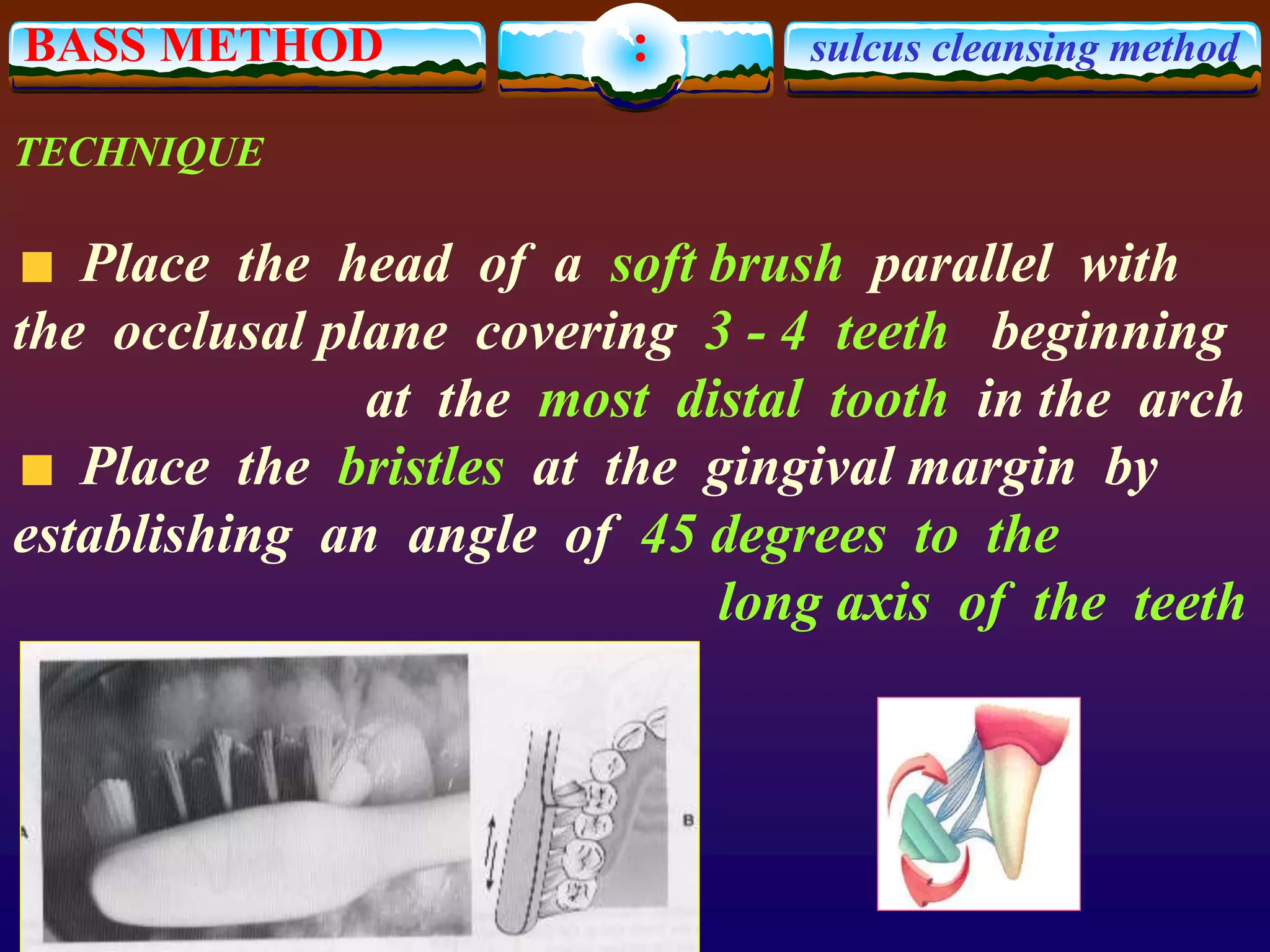 BASS METHOD : sulcus cleansing method
TECHNIQUE
Place the head of a soft brush parallel with
the occlusal plane covering 3 - 4 teeth beginning
at the most distal tooth in the arch
Place the bristles at the gingival margin by
establishing an angle of 45 degrees to the
long axis of the teeth
 