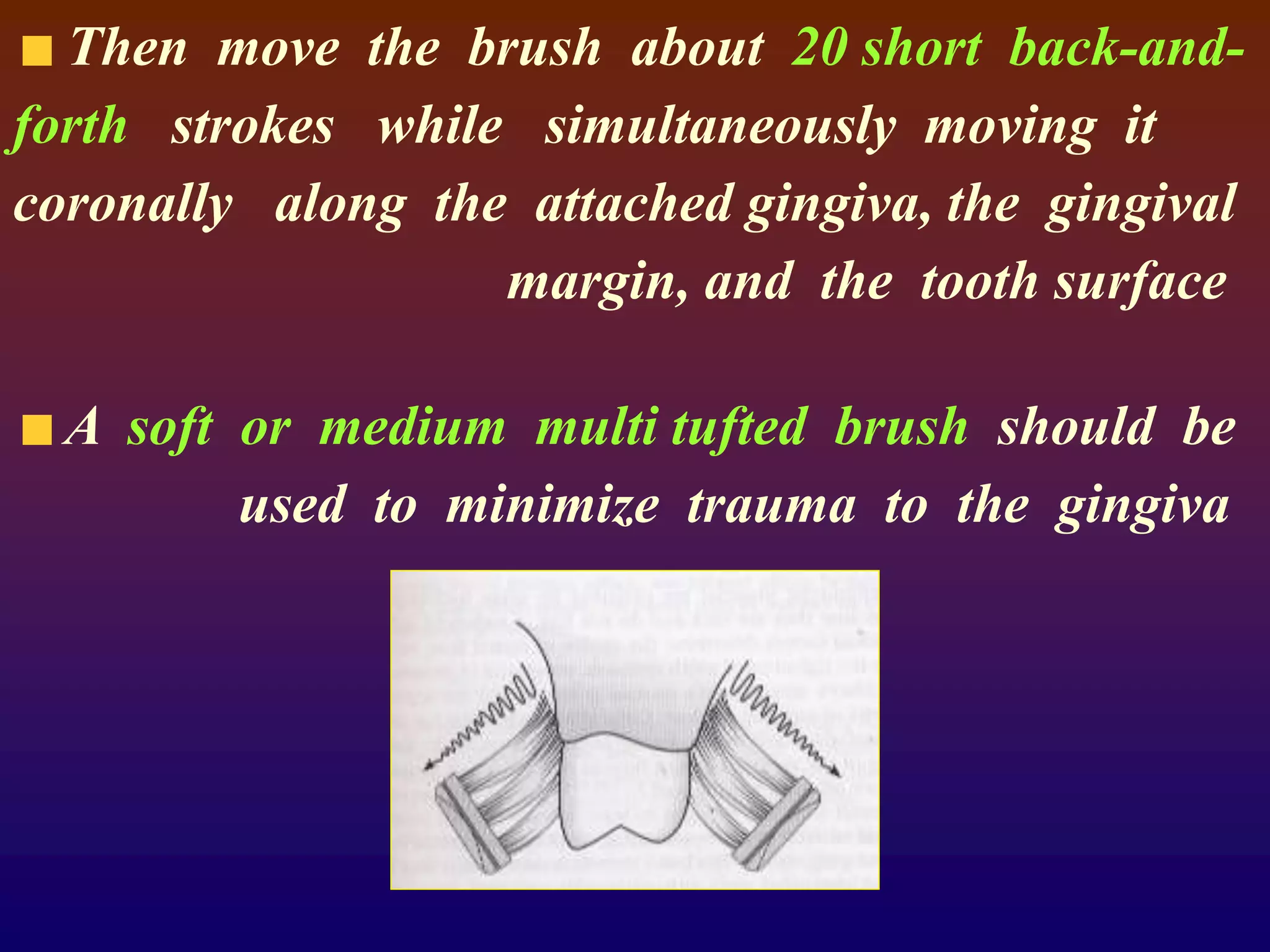 Then move the brush about 20 short back-and-
forth strokes while simultaneously moving it
coronally along the attached gingiva, the gingival
margin, and the tooth surface
A soft or medium multi tufted brush should be
used to minimize trauma to the gingiva
 