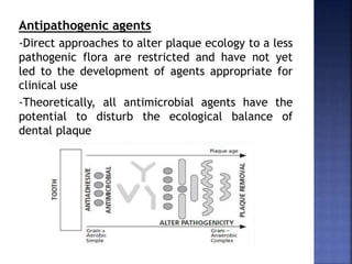 Antipathogenic agents
-Direct approaches to alter plaque ecology to a less
pathogenic flora are restricted and have not yet
led to the development of agents appropriate for
clinical use
-Theoretically, all antimicrobial agents have the
potential to disturb the ecological balance of
dental plaque
 