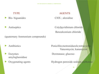 ON THE BASIS OF CHEMICAL COMPOSITION
TYPE AGENTS
 Bis- biguanides CHX ; alexidine
 Antiseptics Cetylpyridinium chloride
Benzalconium chloride
(quaternary Ammonium compounds)
 Antibiotics Penicillin;metronidazole;tetracyclin
Vancomycin; kanamycin
 Enzymes Dextranase; glucose-
amylogluosidase
 Oxygenating agents Hydrogen peroxide sodium perborate
86
 