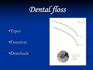 Dental floss
•Types
•Function
•Drawback
 