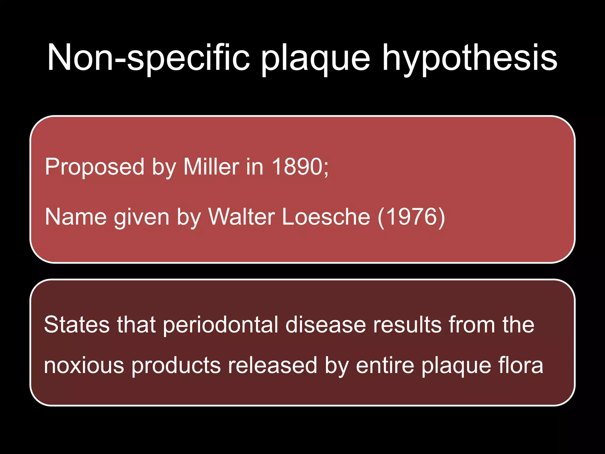 Non-specific plaque hypothesis
Proposed by Miller in 1890;
Name given by Walter Loesche (1976)
States that periodontal disease results from the
noxious products released by entire plaque flora
 